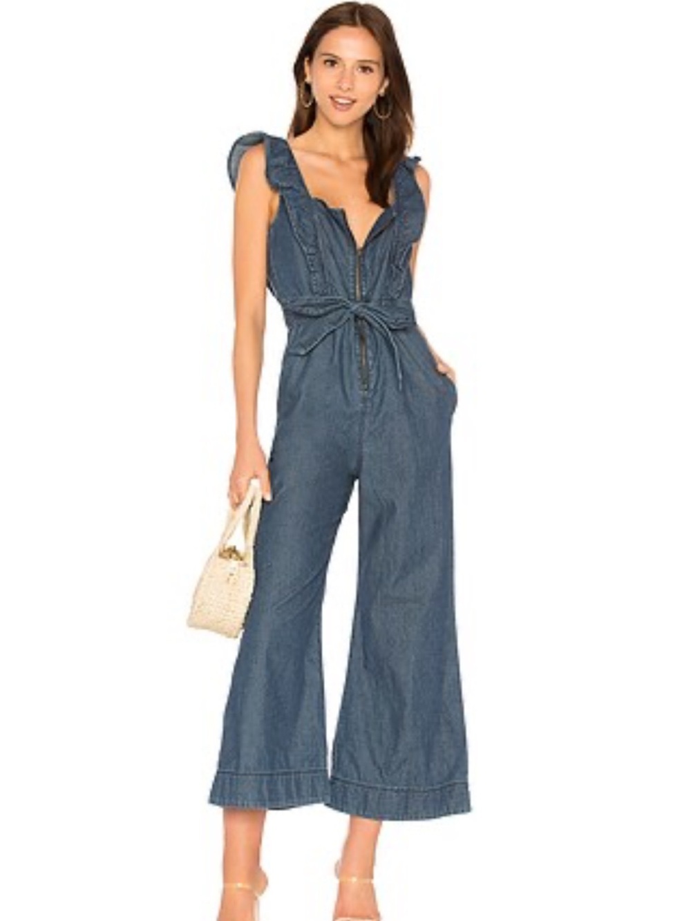 Free People Womens Sun Valley Ruffled Front Zip Belted Denim Jumpsuit Sz 6